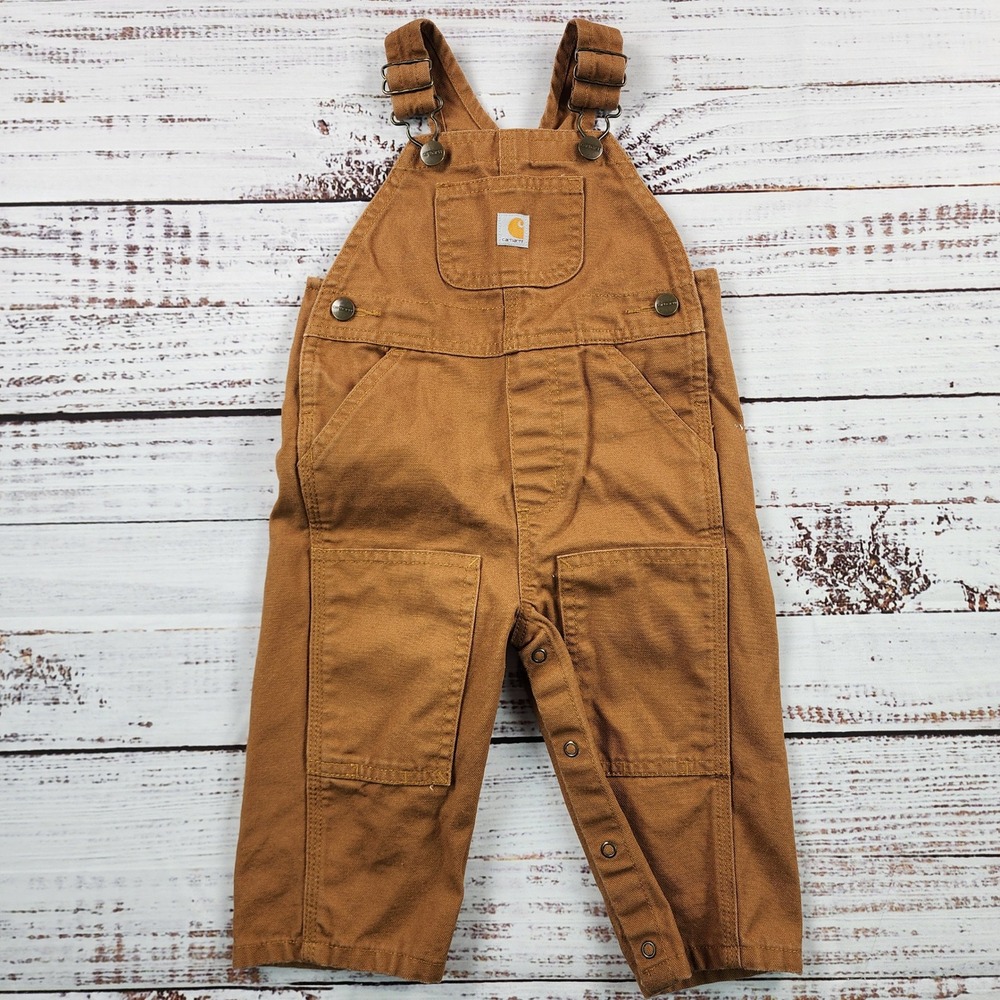 Carhartt Double Knee Canvas Bib Overalls Infant 12M Brown Duck Snap Leg